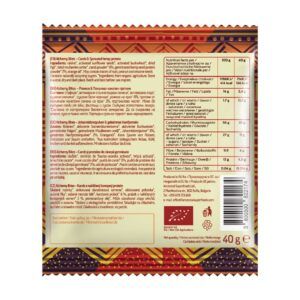 Rohkost-Snack mit Johannisbrotkernmehl und gekeimtem Hanfsamenprotein - Rückseite der Verpackung.